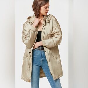 UO Mirabelle Satin Parka Women's Beige Hooded Jacket Size M
